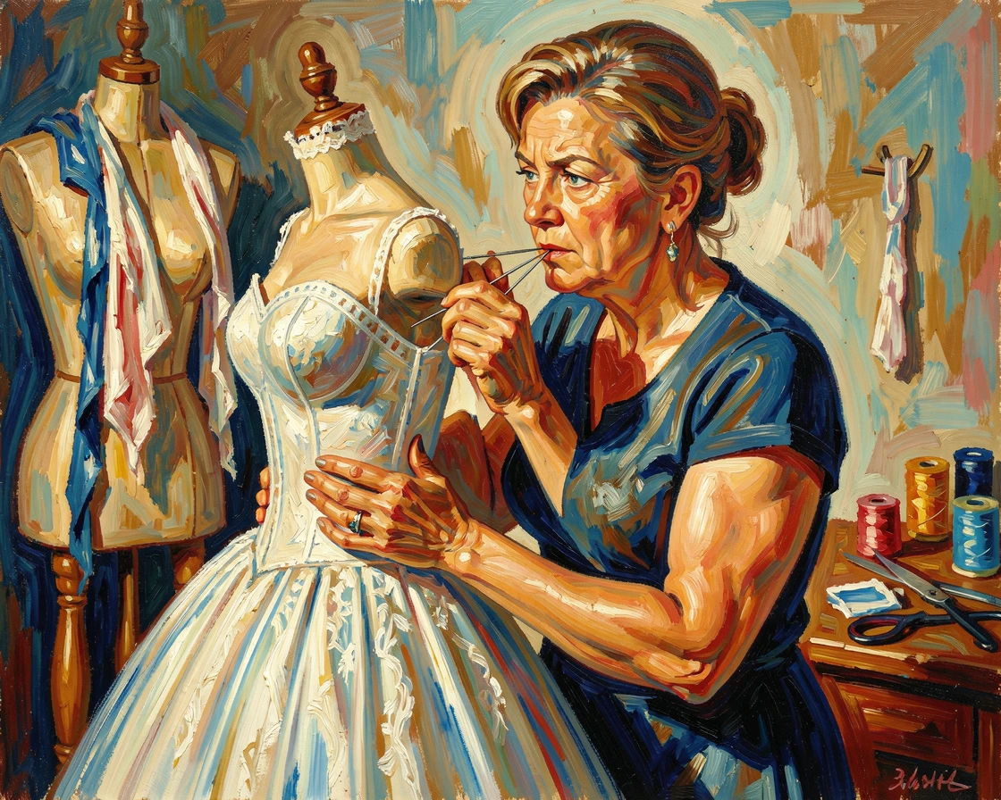 A determined seamstress fitting a wedding dress, pins held carefully between her lips.