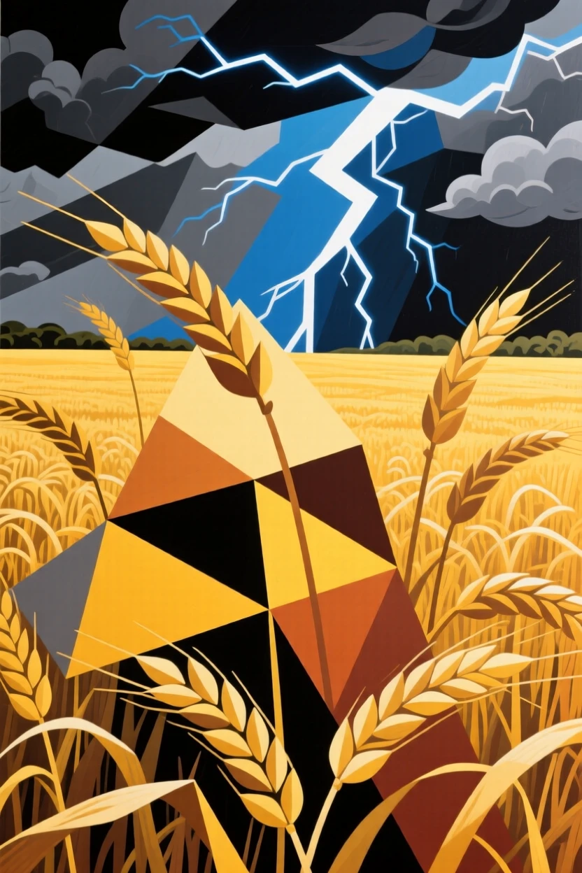 A golden wheat field swaying gently under a dramatic stormy sky.
