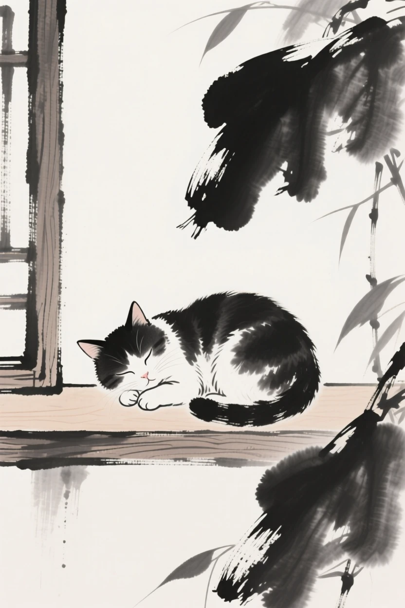 A small cat naps curled on a sunlit windowsill, as a gentle breeze stirs the surrounding leaves.
