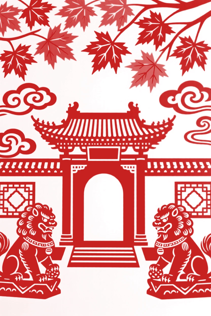 A mountain monastery, beneath a canopy of autumn maple leaves, stone lions standing watch at its entrance.