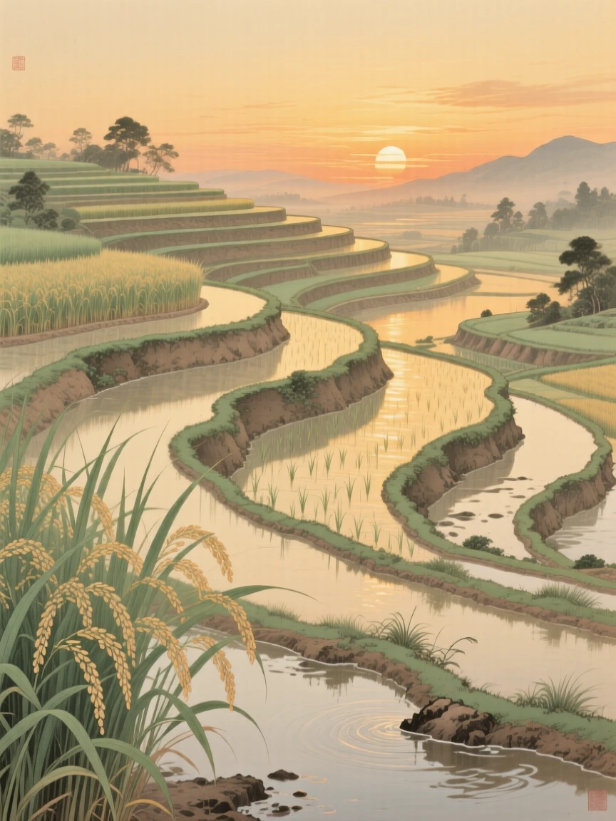 A terraced rice paddy reflecting the sunset, with soft golden light spilling across the terraced fields