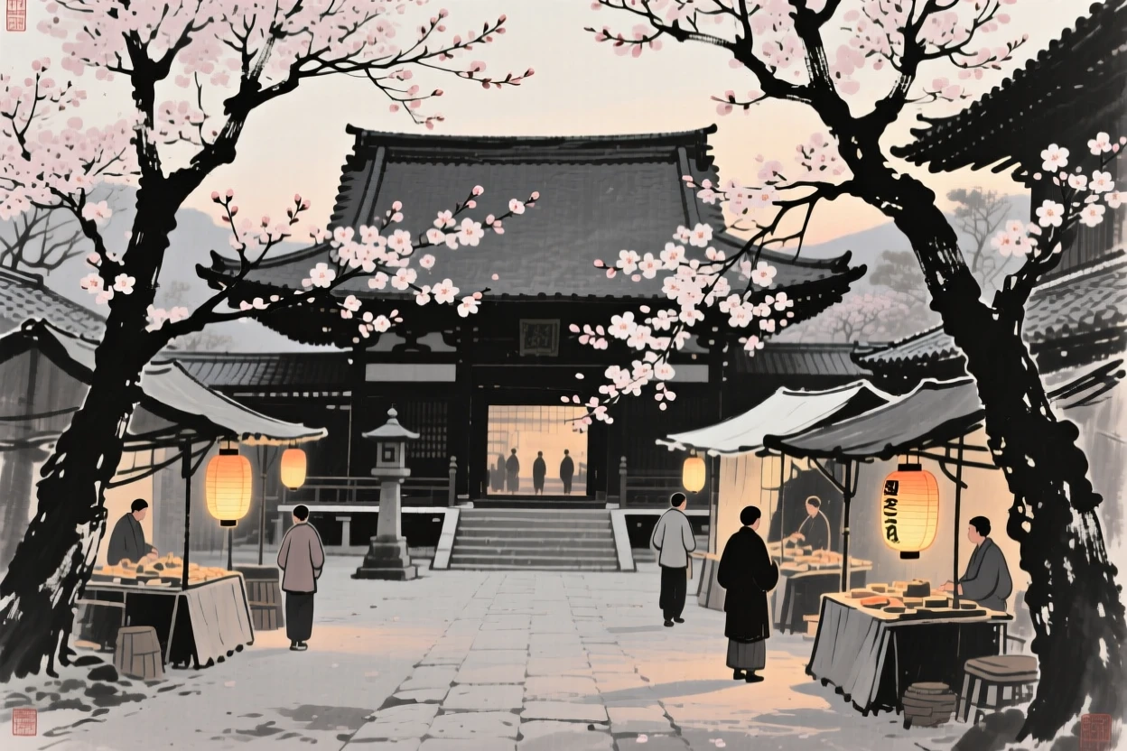 A spring morning market beneath blossoming trees within a quiet temple courtyard, composed with warm lantern light glowing against a cool evening, conveying cozy stillness and seasonal wonder.