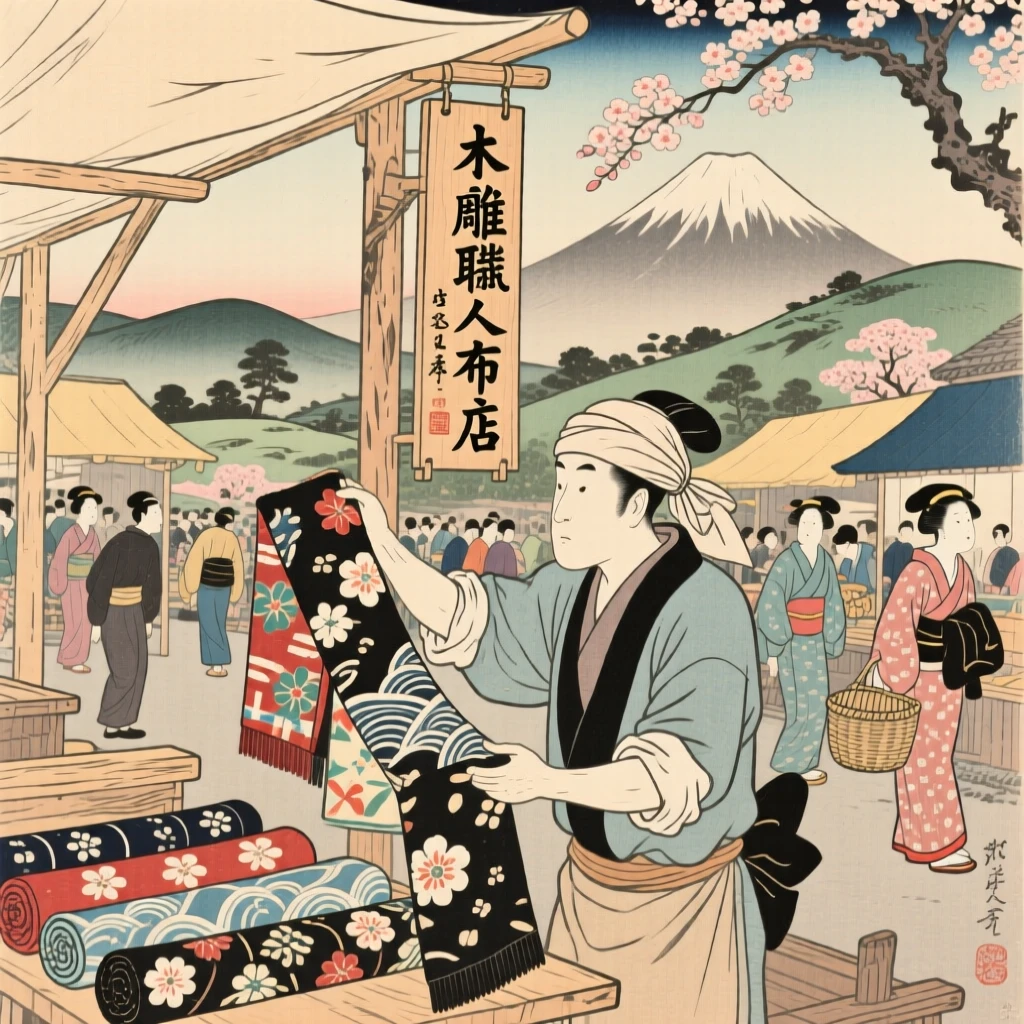 A woodcarver displaying bolts of fabric at a bustling stall.