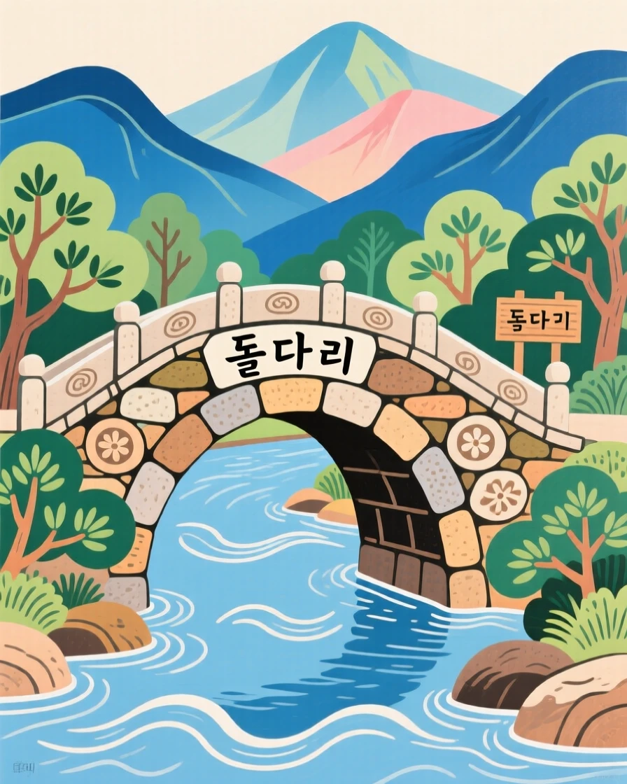 A stone bridge arching over a quiet stream nestled among distant mountains.