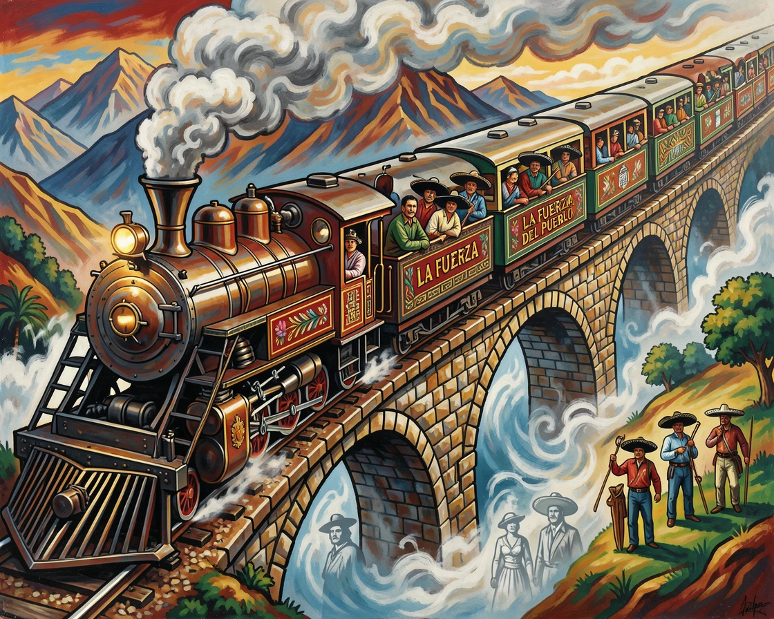 A vintage train crossing a bridge through misty mountains
