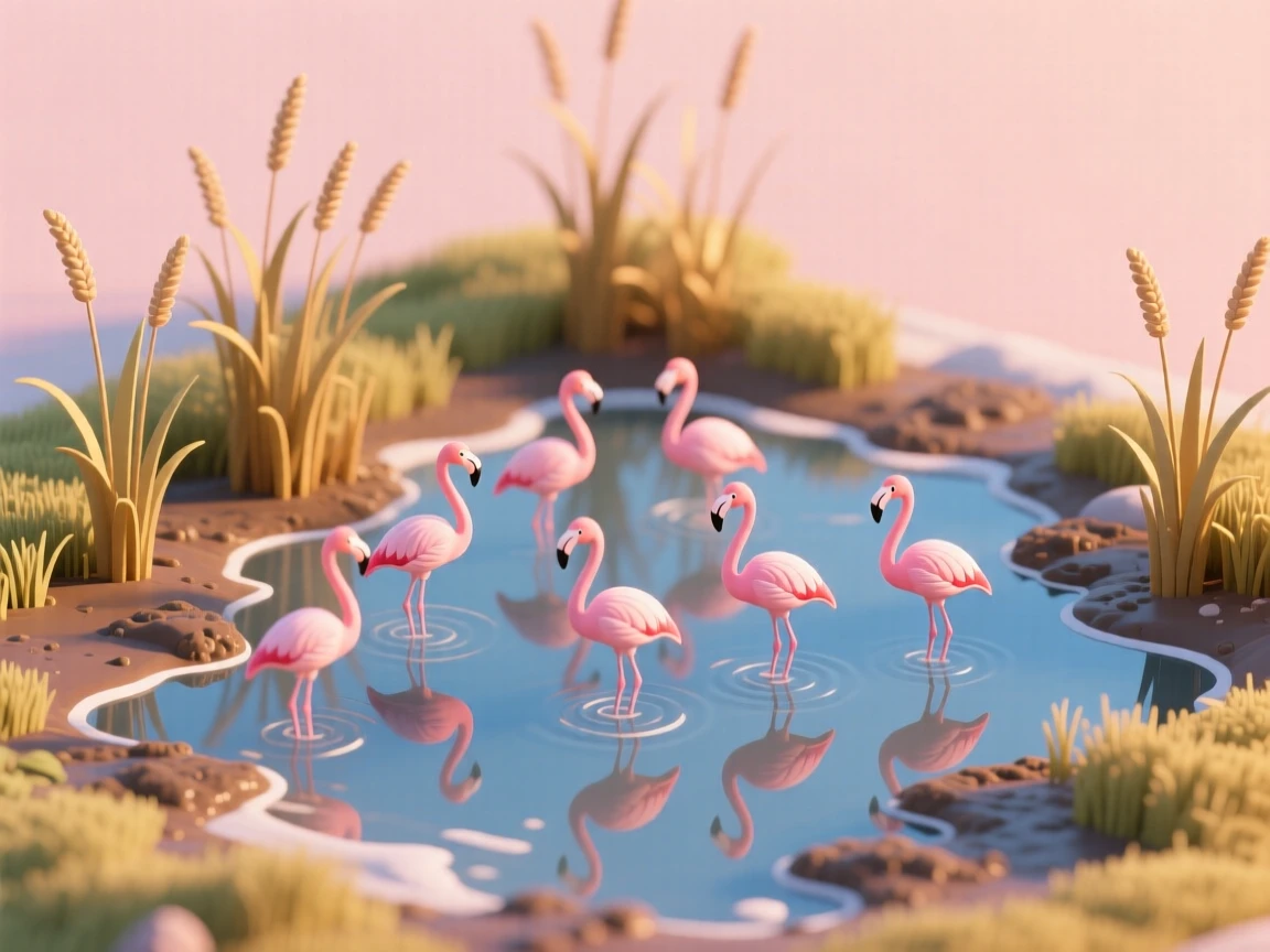 A coastal salt marsh at golden hour, tall grasses swaying in the breeze, and a flock of flamingos wading in the shallow water.