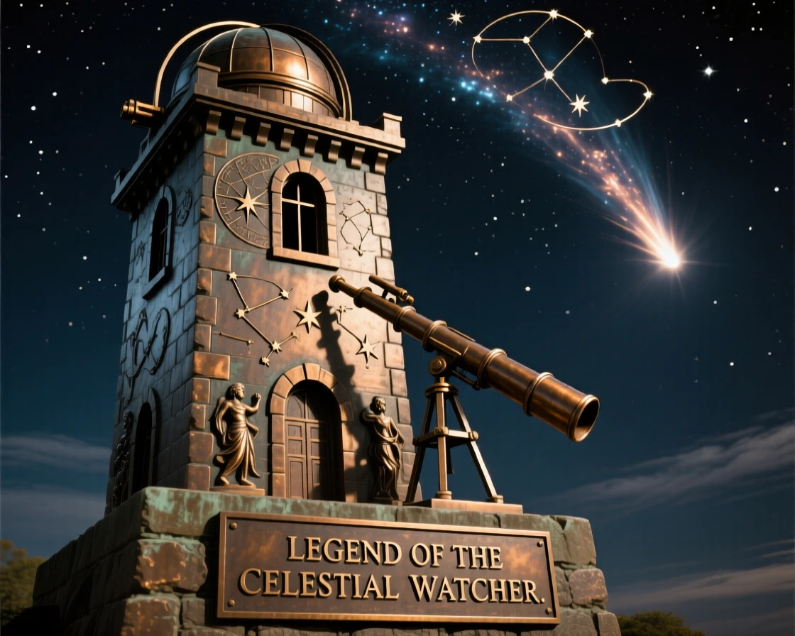 An ancient astronomer's tower under a comet-lit sky, with a strong sense of narrative and history, evoking legend and timeless drama