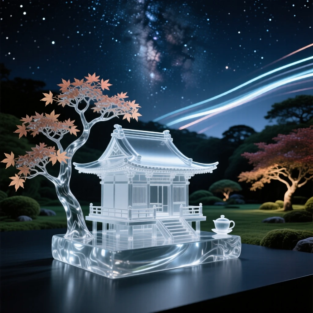 A traditional Japanese tea house in a maple garden under a starry night sky, long soft light trails in the distance, composition emphasizing scale and grandeur.