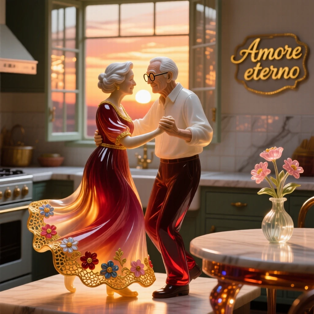 An elderly couple dancing slowly together in their kitchen at sunset, romantic and nostalgic.