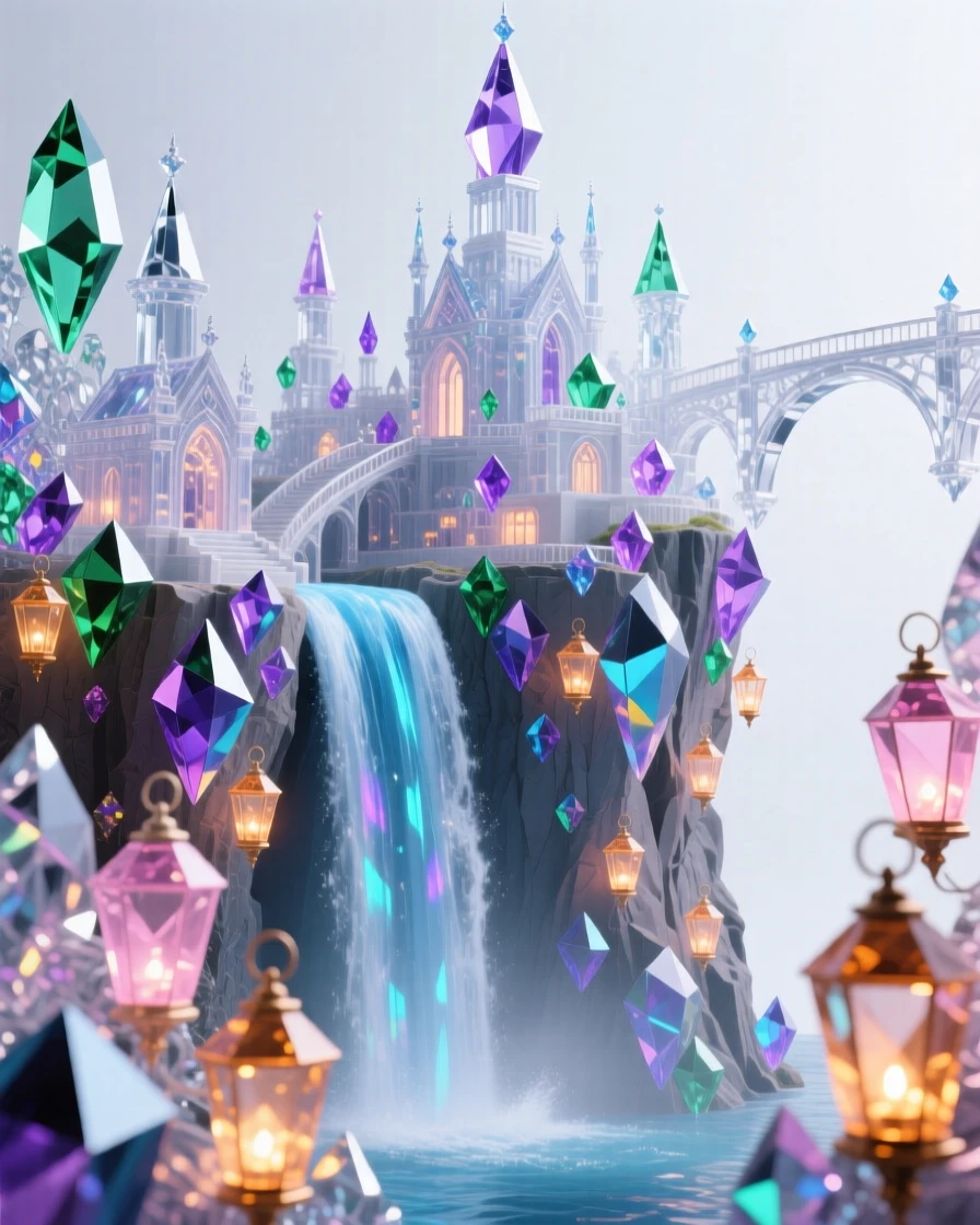 A hidden elven waterfall city cascading down a cliffside surrounded by glowing lanterns.