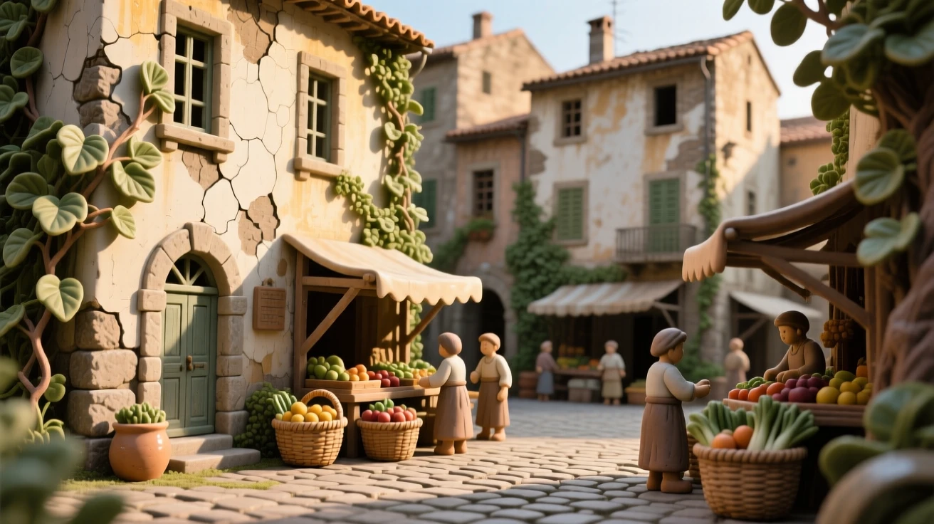 A bustling market square framed by old facades nestled peacefully amid lush greenery, bathed in the golden light of late afternoon, stirring a sense of history and enduring beauty.