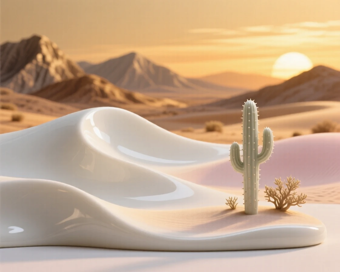 A tranquil desert landscape at golden hour, framed by distant mountains.