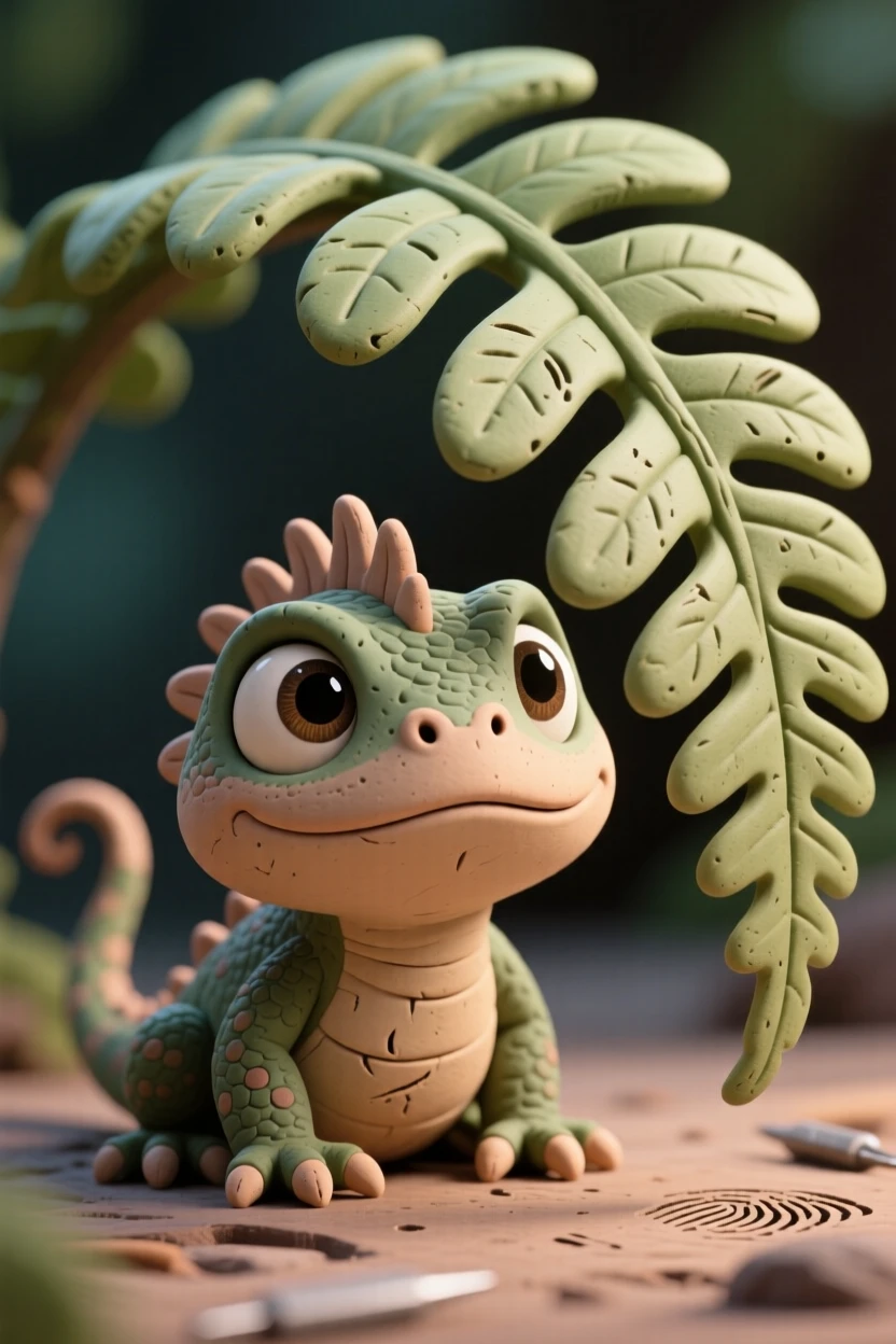 A baby basilisk peeking curiously from beneath a giant fern