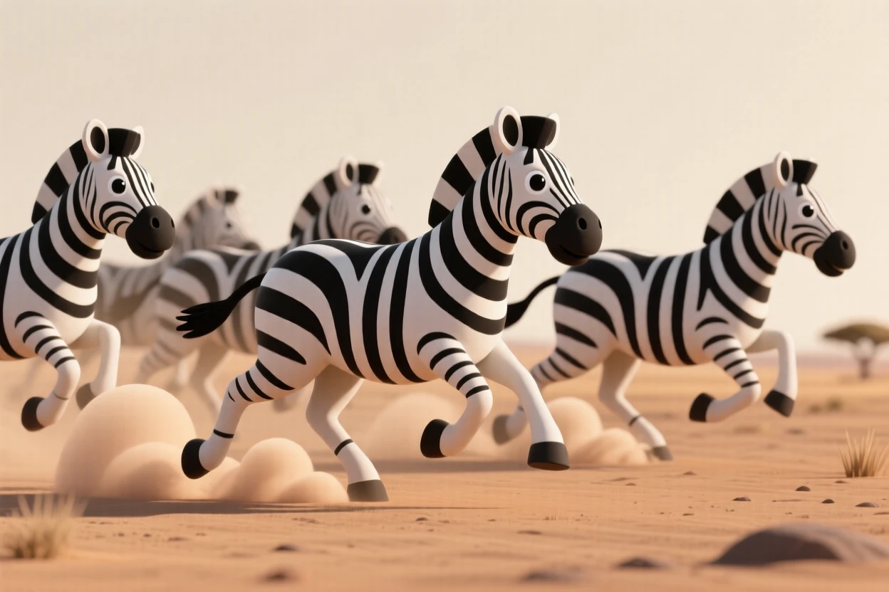 A majestic zebra herd gallops across the dusty savanna, dust clouds rising beneath thundering hooves.