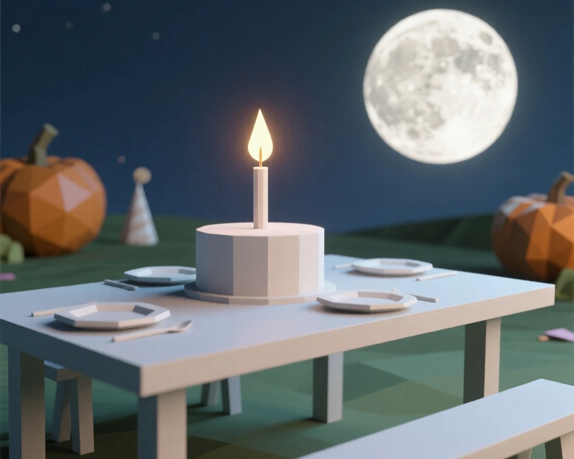 A birthday celebration table with a glowing candle-lit cake, beneath a full harvest moon. rich seasonal colors bring the scene to life. A gentle sense of togetherness fills the scene.