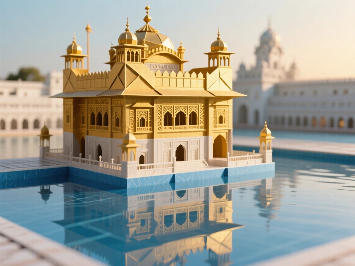 The Golden Temple of Amritsar reflected in its still surrounding pool at dawn.