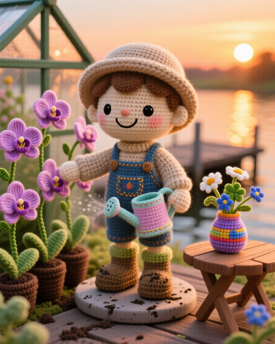 a cheerful greenhouse keeper, with a watering can and muddy boots, is captured misting a row of blooming orchids in a peaceful riverside dock at golden hour beside a small vase of wildflowers on the table, radiating quiet contentment in simple daily work.