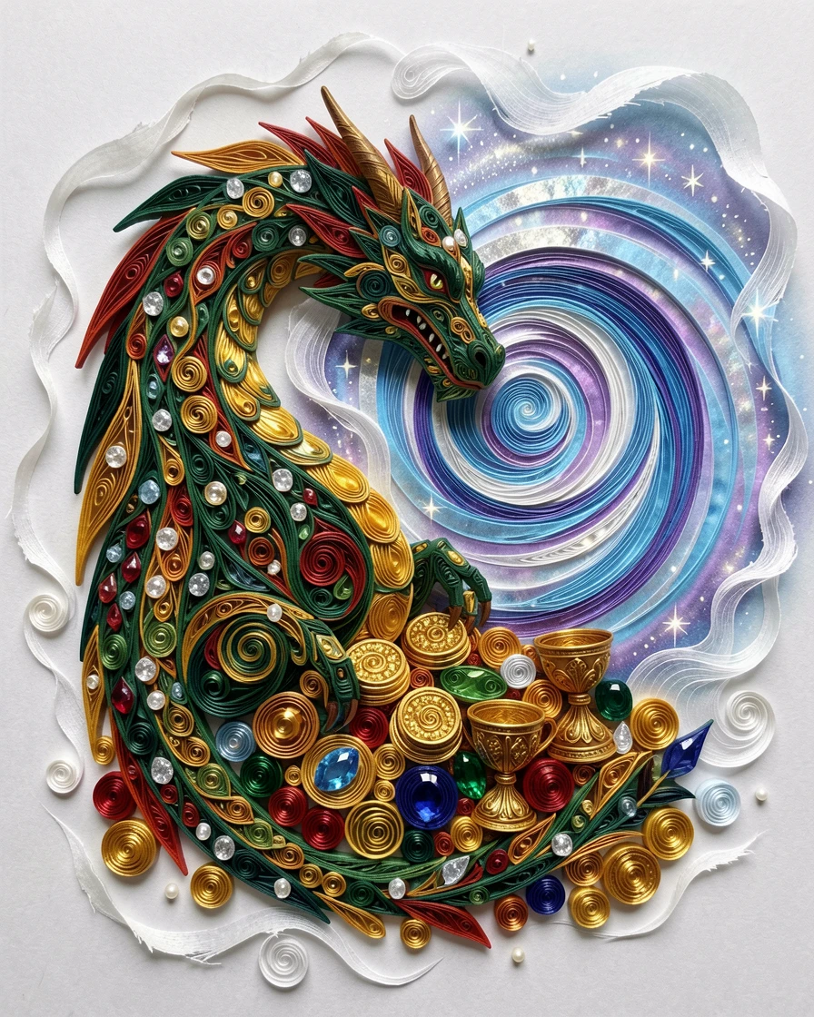A magical fantasy scene of a majestic dragon curled protectively around a treasure hoard beside a shimmering portal of swirling light, with shimmering starlight reflected on every surface, composed with soft ethereal mist drifting through the scene.