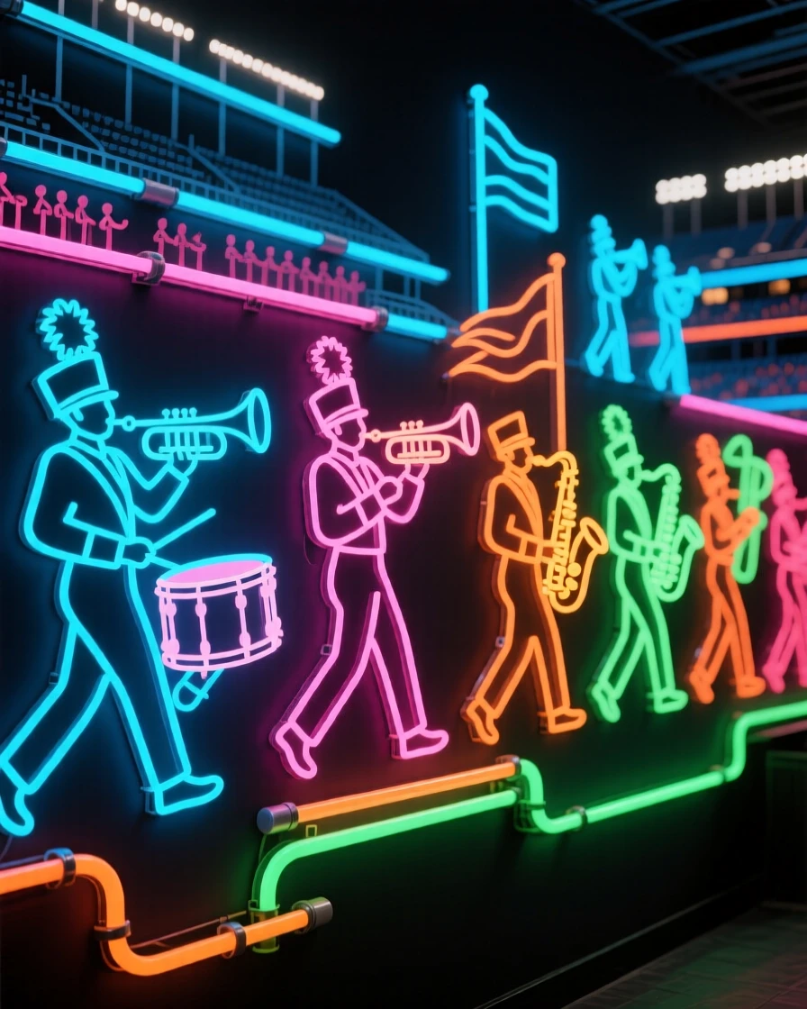 A lively scene of a marching band performing in a stadium at halftime.