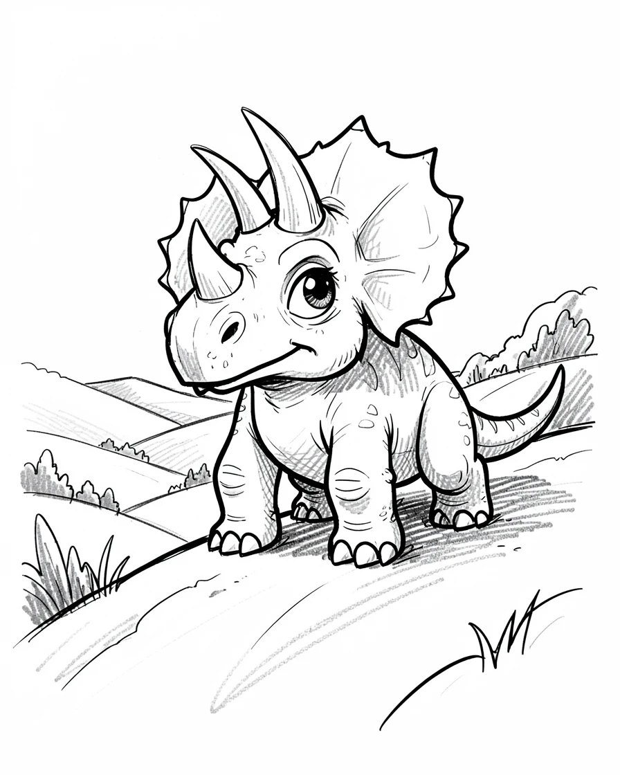 A playful baby triceratops on a hillside overlooking a valley.