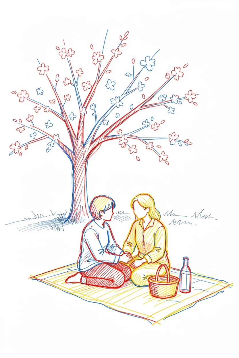 A couple sharing a picnic beneath a blossoming cherry tree