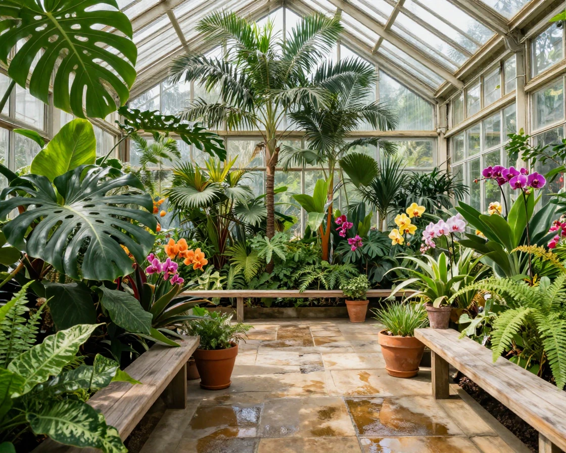 A greenhouse conservatory filled with lush tropical plants
