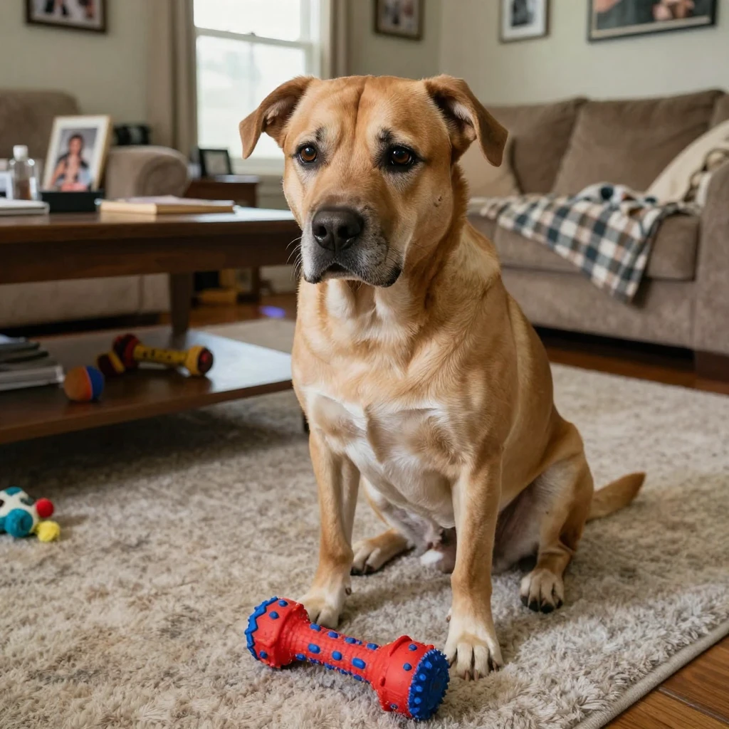 A dog tilts its head in confusion at a squeaky toy that just stopped squeaking.