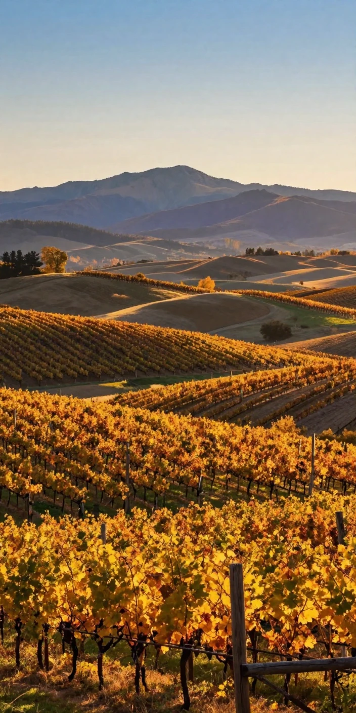 Rolling hills of golden autumn vineyards stretching toward a distant mountain range