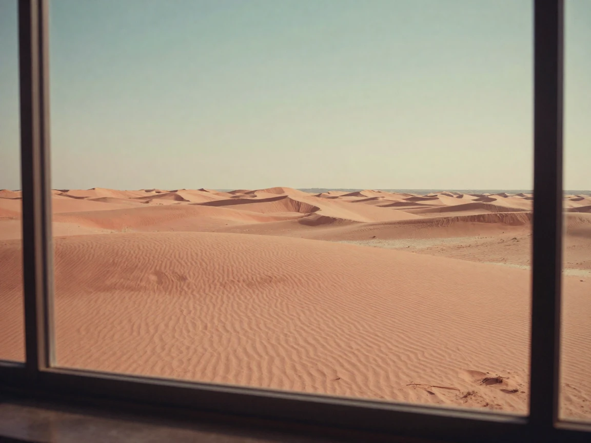 Rippled sand dunes stretching endlessly toward the horizon, in warm morning light, in crisp, dry air, in the mild days of early autumn, in vivid coral and turquoise hues, viewed from across the room.