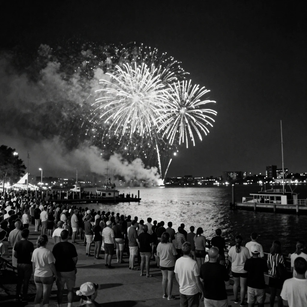 Fireworks burst into brilliant color above the harbor above a crowded riverside crowd.