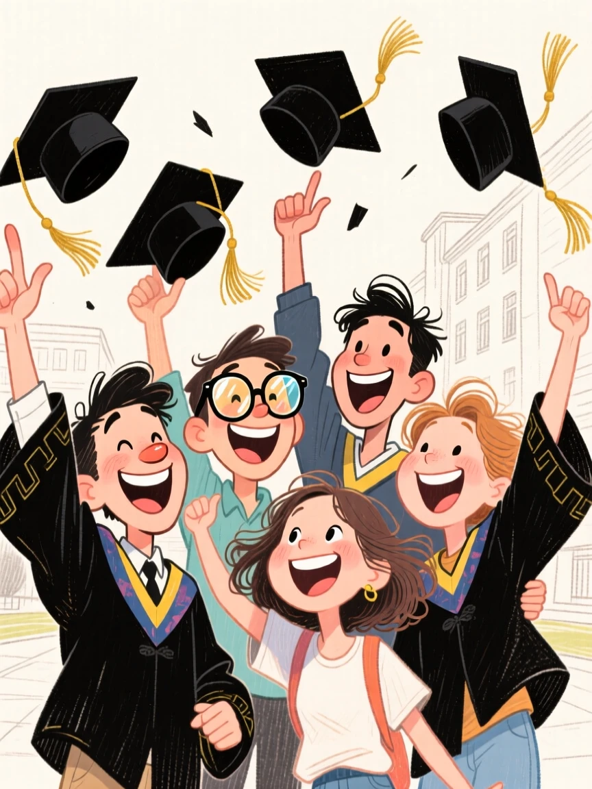 A group of college friends throwing graduation caps in perfect unison.