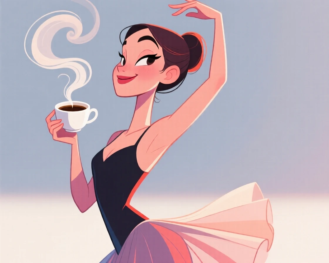A charming portrait of a graceful dancer, raising one eyebrow with a knowing smirk, holding a steaming cup of coffee.