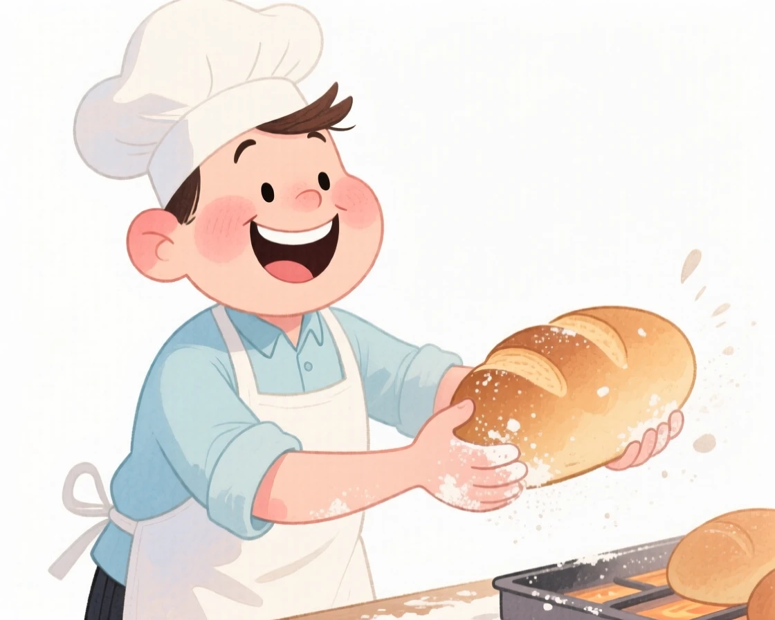 A baker captured in a candid, joyful working moment