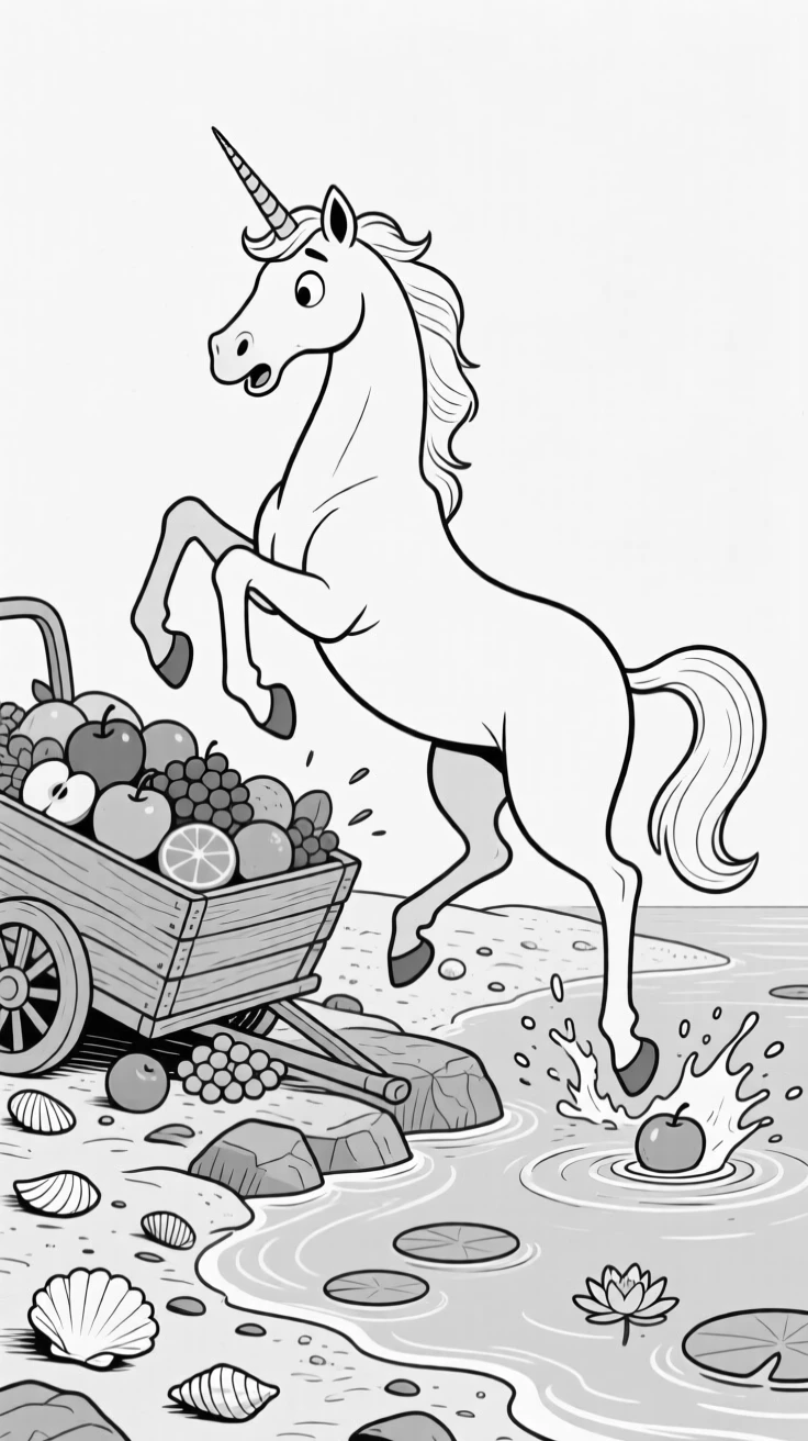 A centaur stumbling over its own front hooves, tripping and knocking over an entire fruit cart, set on a rocky shoreline scattered with shells. Lily pads ripple from the sudden splash. It feels like a page pulled from a beloved fairy tale.