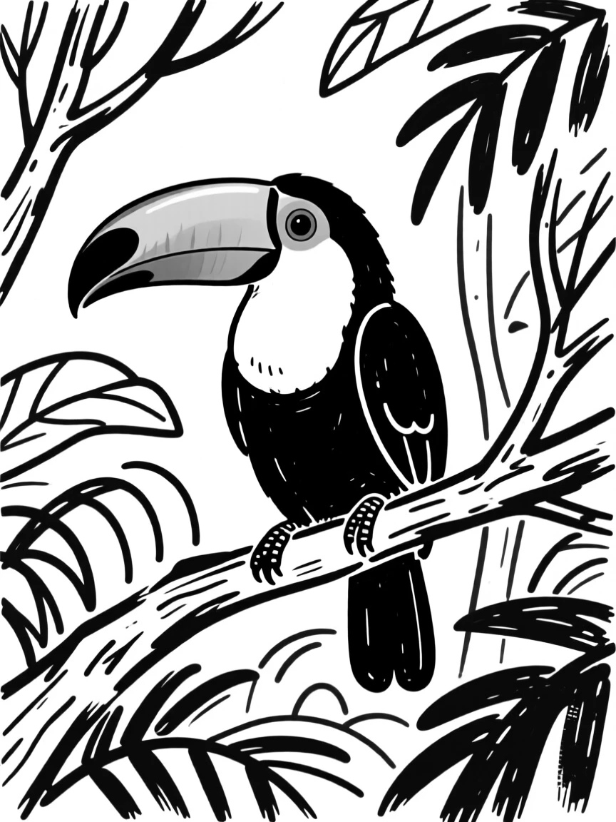 A colorful toucan perched in a lush rainforest canopy, beak gleaming.