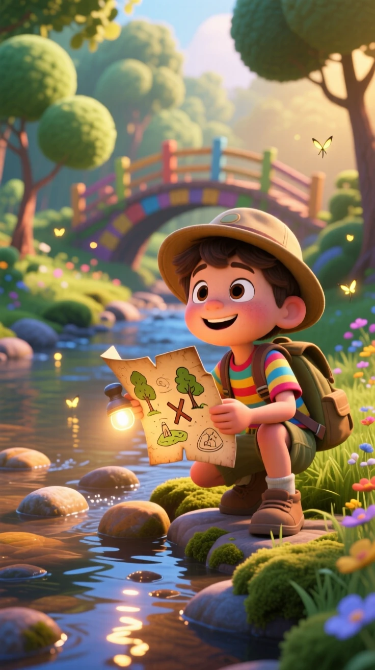 A young explorer following a hand-drawn treasure map takes place beside a babbling creek lined with smooth stones, with a flashlight casting playful shadows. A lighthearted sense of discovery colors the moment.