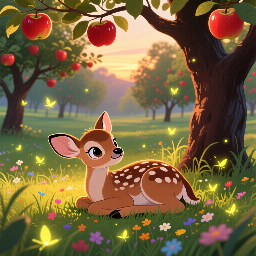 A spotted fawn pauses from napping in a patch of sunlight to look up in an apple orchard, while fireflies begin to glow.