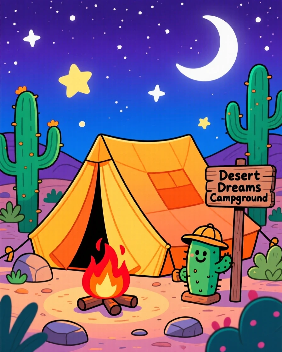 A campsite with a tent glowing warmly under a starry desert sky.