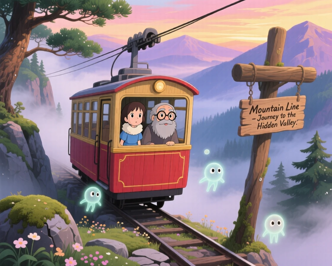 A charming scene of a cable car climbing steeply up a misty mountainside, framed by distant mountains.