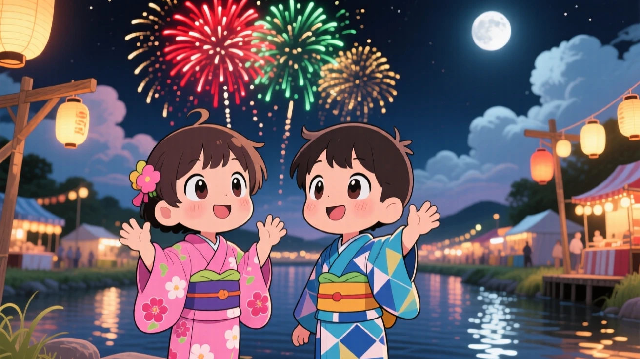 Children in yukata robes watching fireworks bloom over a summer festival in a riverside festival at night beneath fluffy drifting clouds; soft moonlight washes over the scene as delighted joy fills the moment. Medium shot.