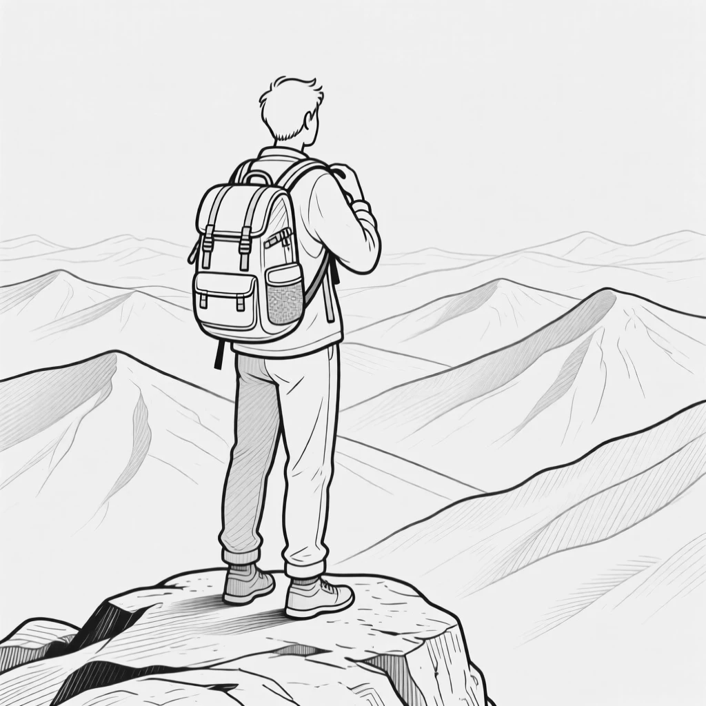 A traveler with a backpack looking out over a mountain vista
