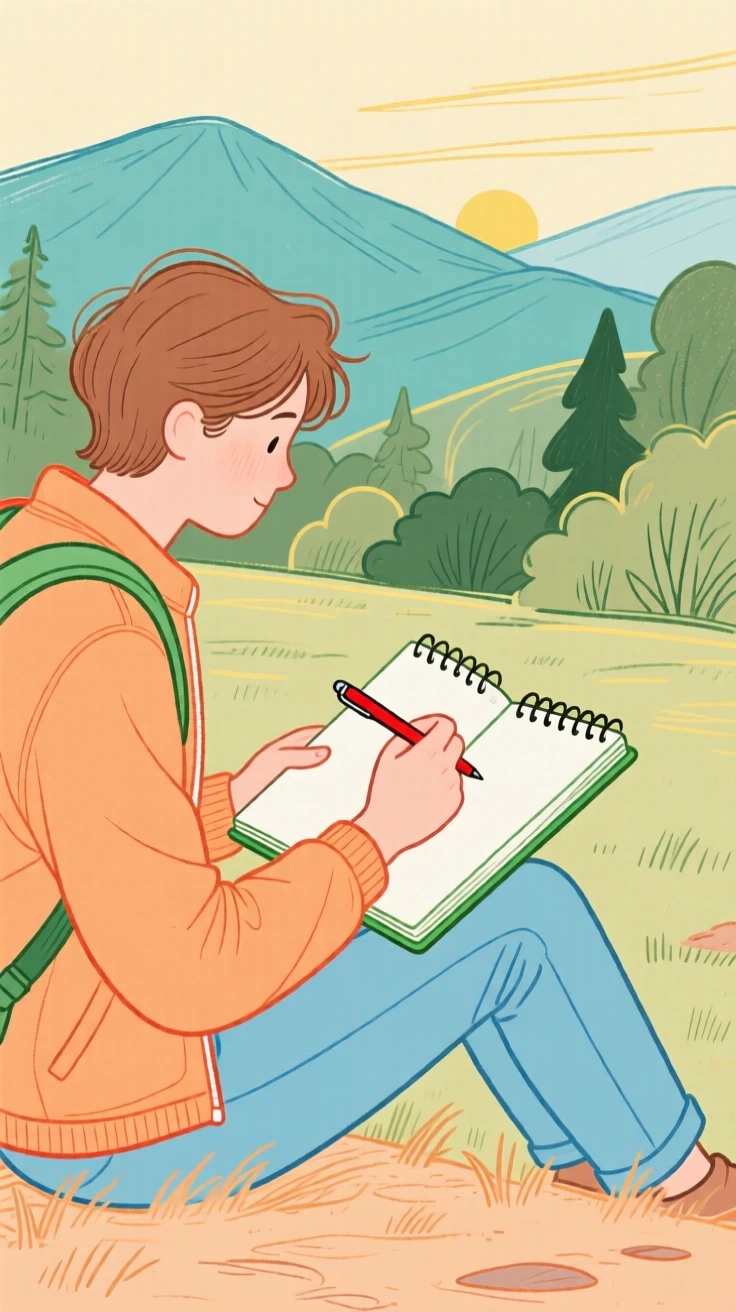 A traveler sketching a landscape in a notebook.