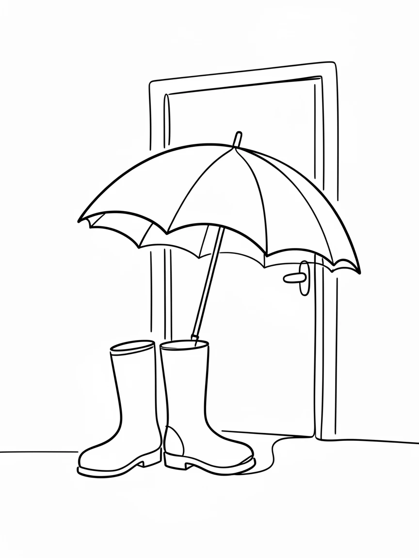 A pair of rain boots and an umbrella resting by a front door on a rainy day