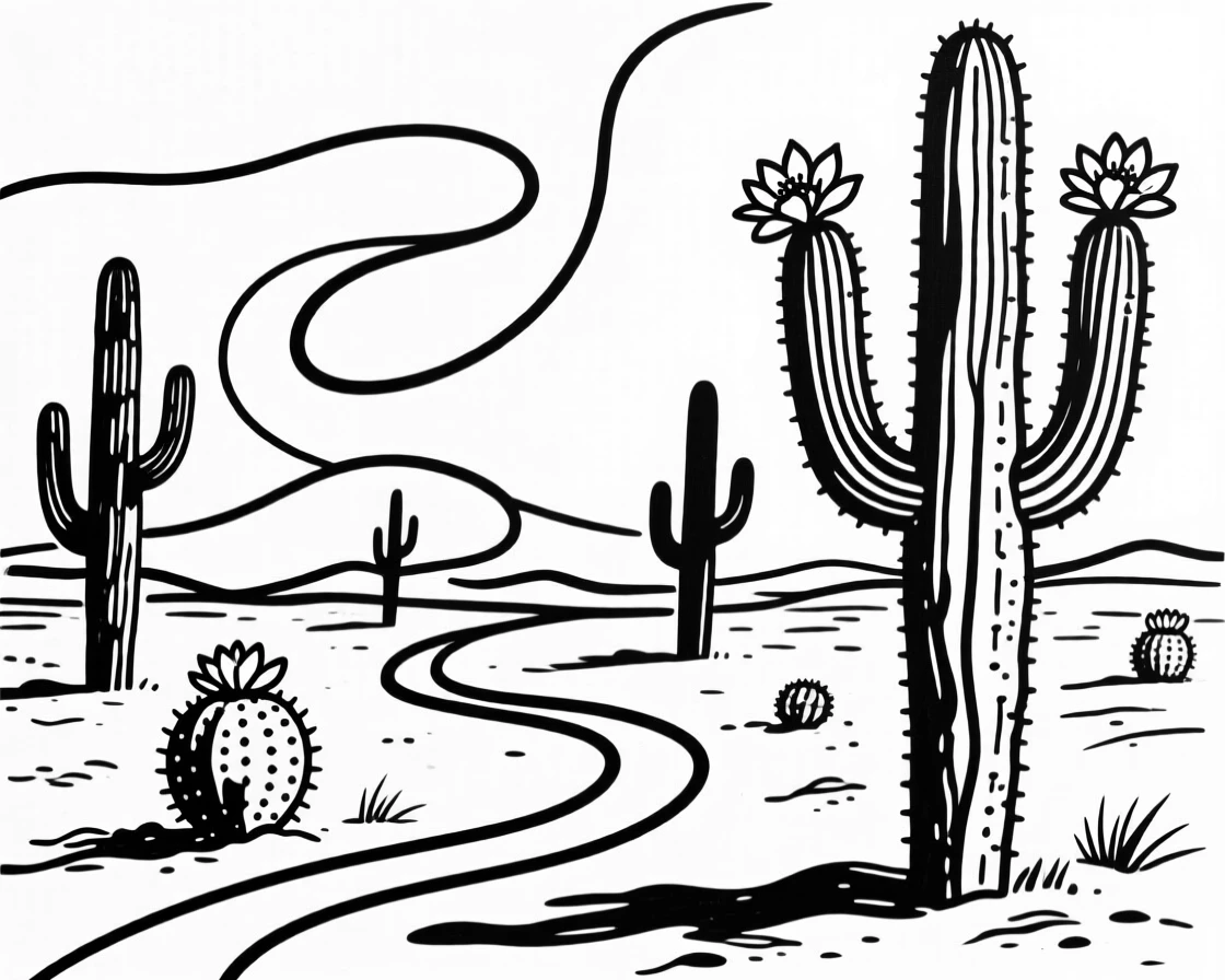 A desert landscape dotted with blooming saguaro cacti.