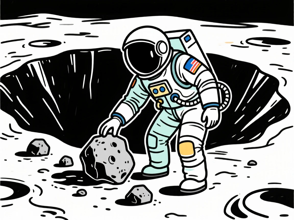 An astronaut collecting moon rocks near a lunar crater.