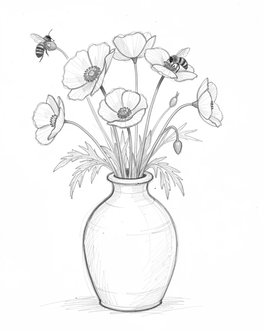 A handful of wild poppies in a rustic ceramic vase, with a bee gently landing on one bloom.