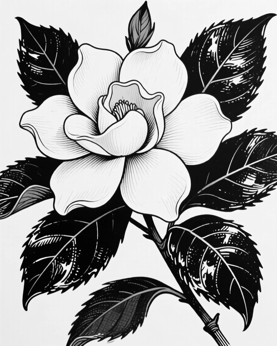 A single gardenia blossom with waxy white petals and dark leaves.