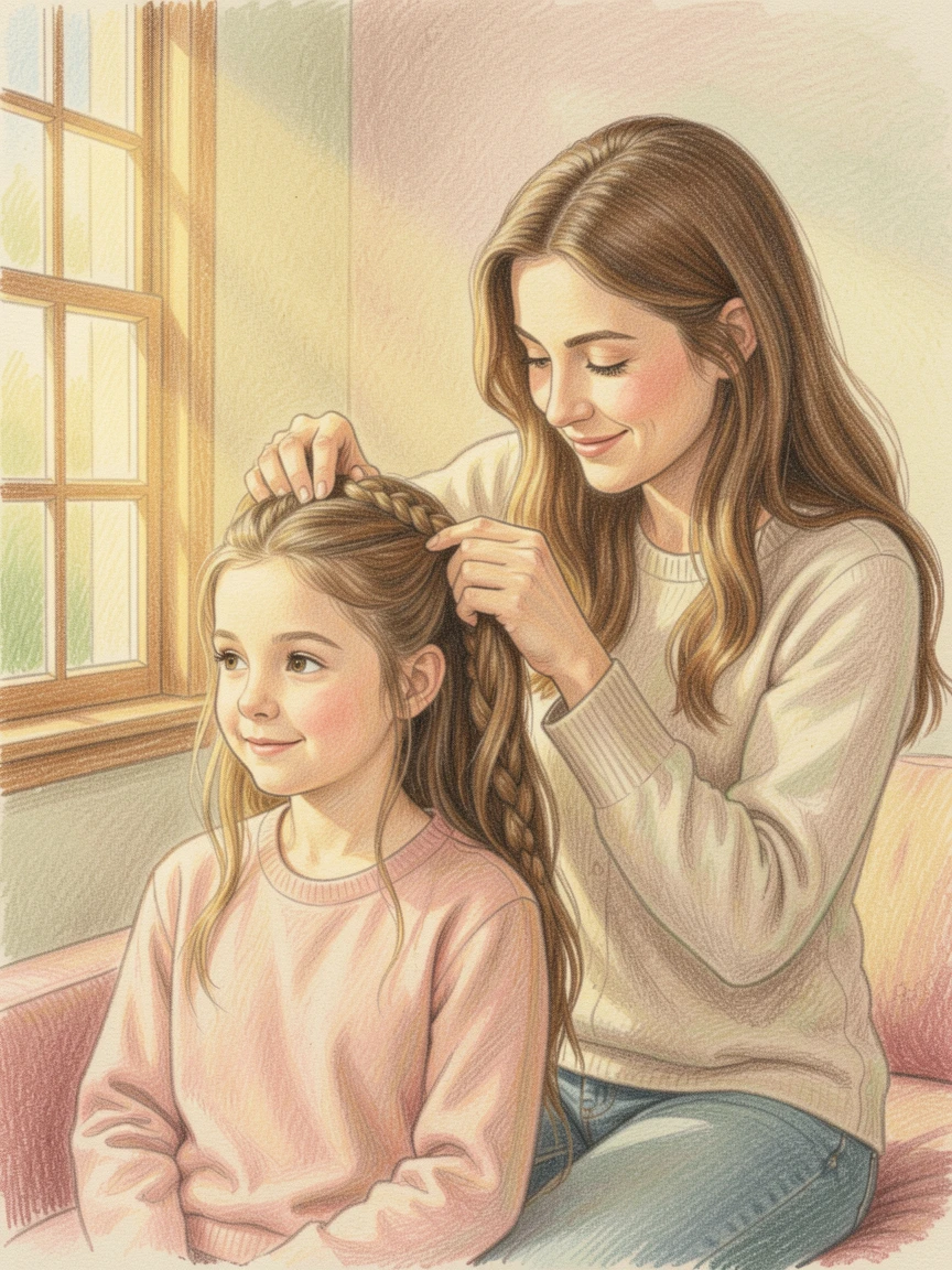 A mother braiding her daughter's hair on a quiet morning, with warm, golden light capturing the joy of the moment, designed to feel heartwarming and deeply relatable.