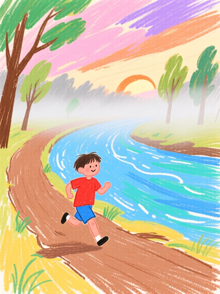 A runner jogging along a misty riverside path at dawn.