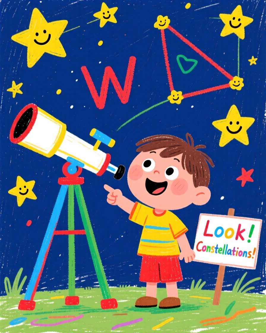 A child pointing excitedly at constellations through a telescope.